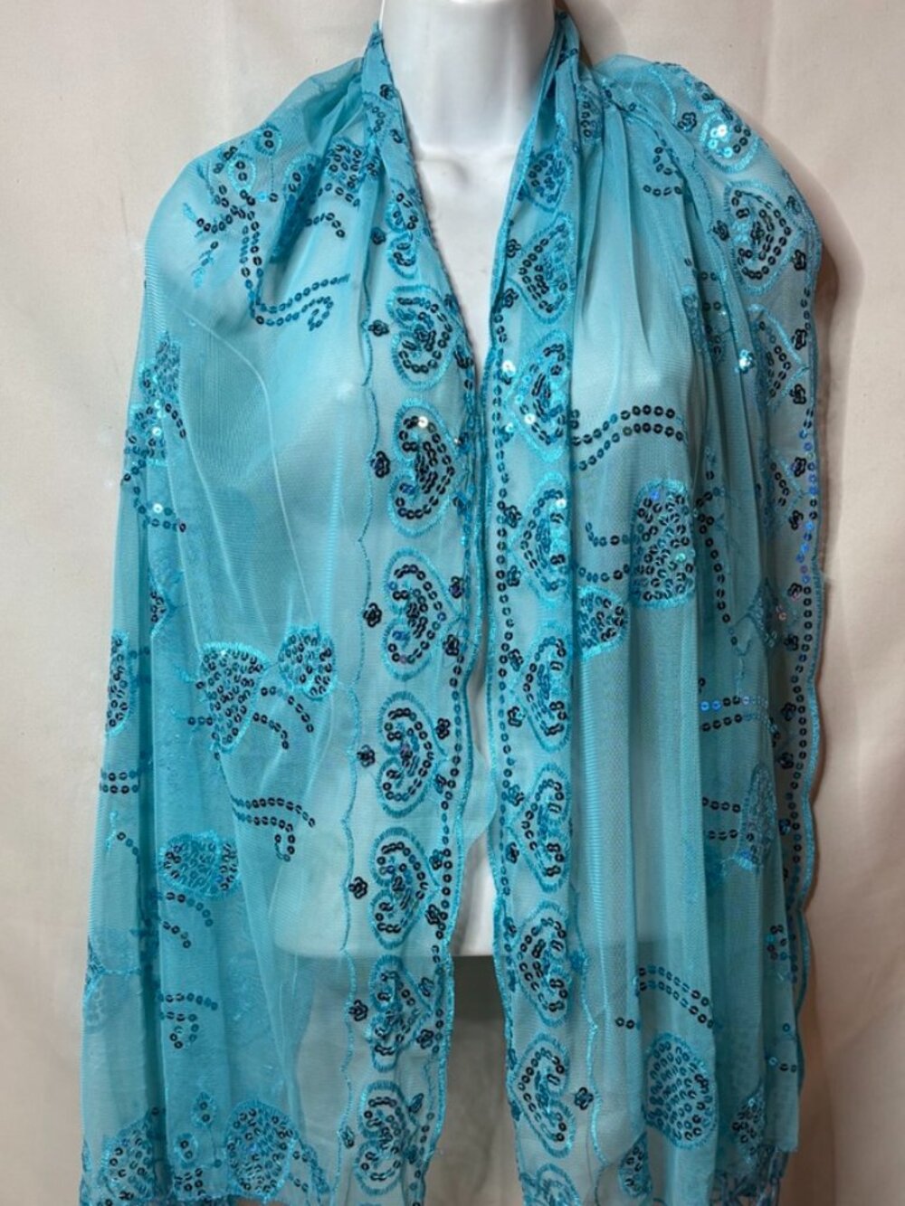 Rectangle Lace Shawl With Fringe Aqua with Sequence One Size 61" x 23"